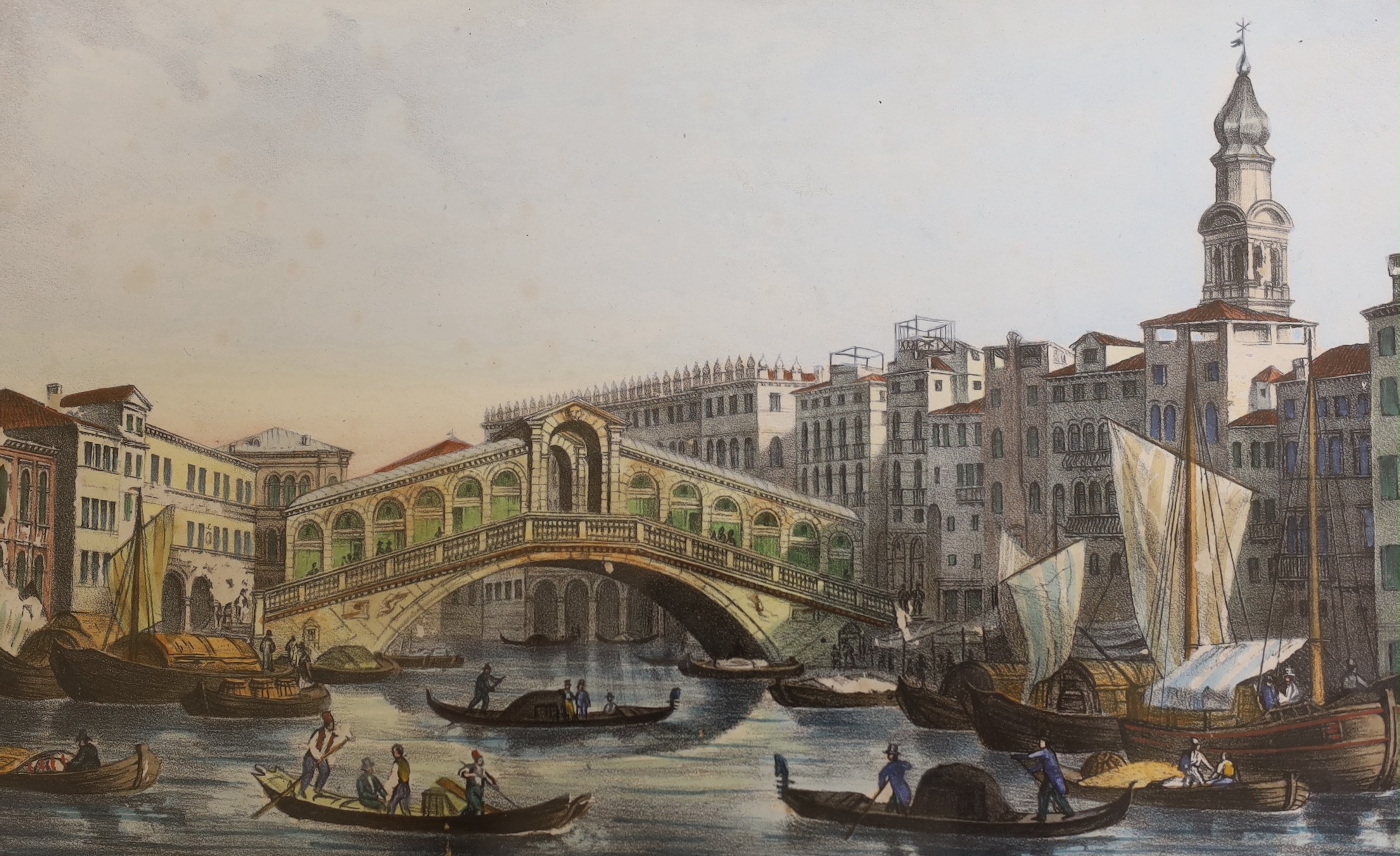 19th century English School, three hand coloured lithographs, Views of Venice, 16 x 27cm